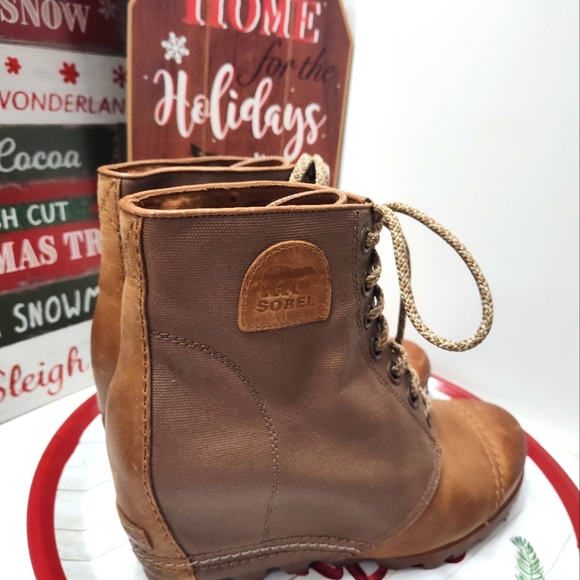 💕EUC Sorel Brand Premium Moto PDX Leather Lace Up Wedge Ankle Boots, Came, 10 - Picture 14 of 16